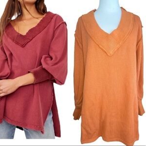 Free People Top Asher Thermal Knit V-Neck Pullover Spanish Chestnut XS